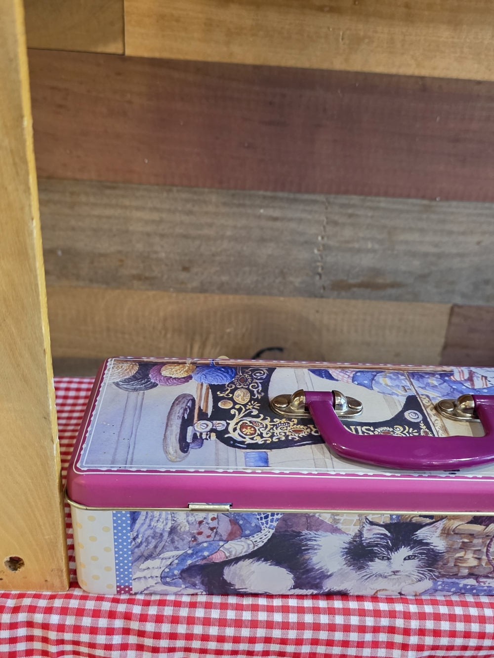 Vintage Sewing Machine Print Tin Storage - Pink Handle